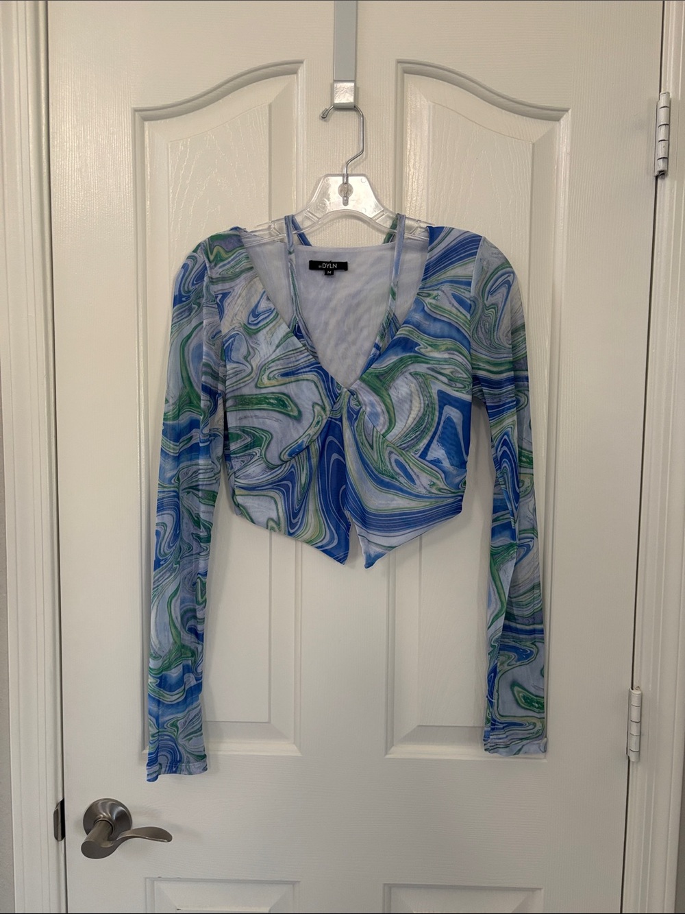 By DYLN Suki  Blue & Green Marble Swirl Long Sleeve Top With Halter Tie Size Med